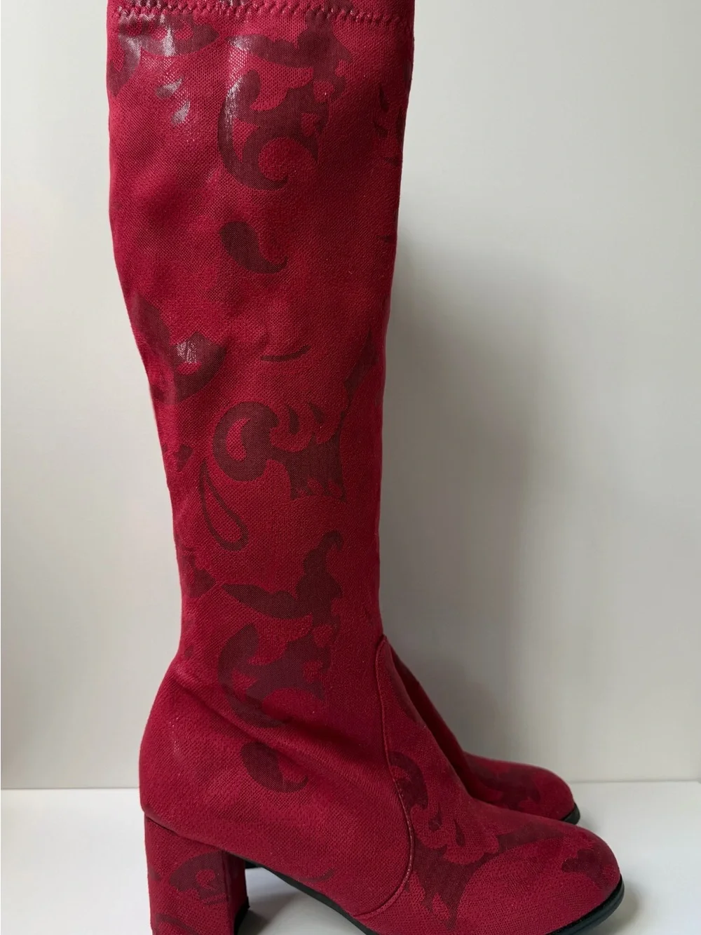 Women US 9 EU 39 Red Leather Knee High Riding Boots Floral Round Toe Zip